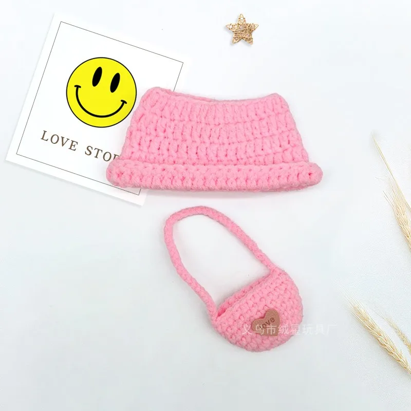 Adorable Handmade Crochet Bucket Hat With Mini Shoulder Bag Set Knitted Doll Accessories For 17CM Small Plush Toy Dress Up Decor view 6
