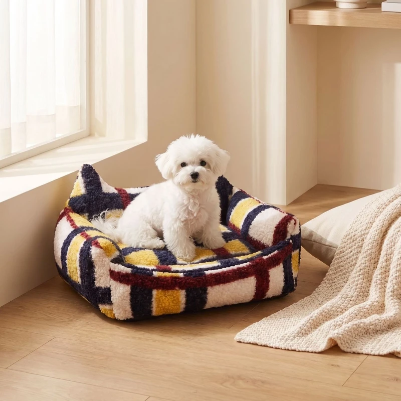 Ear Design Plaid Pet Bed, Warm Fluffy Dog Cat Sofa Bed, Anti-Slip Soft Pet Cushion for Puppy Kitten