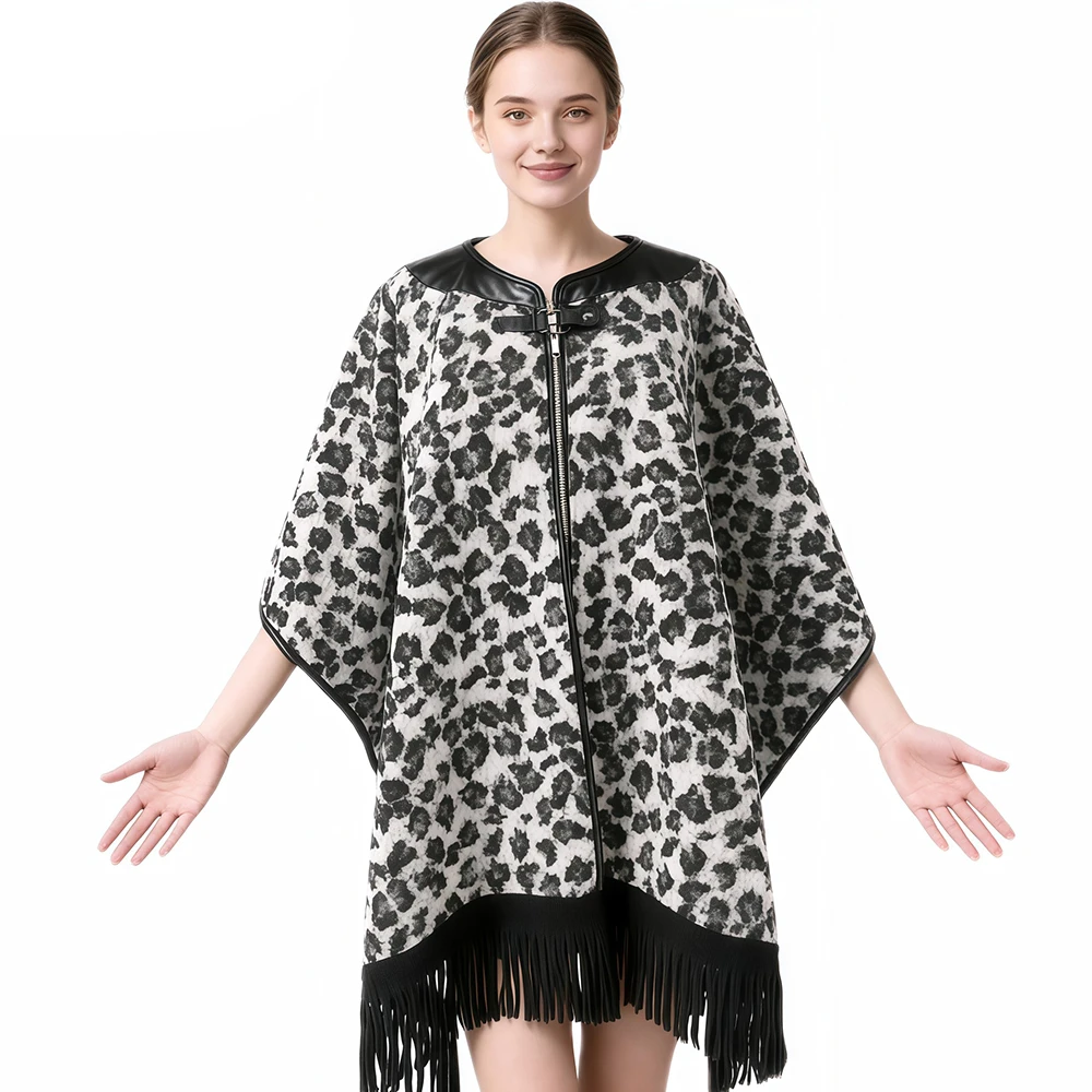 Retro Fringed Leather Collar Patchwork Knitted Sweater Coat For Women Leopard Printed Shawl Cape Outerwear Long Poncho Cloak