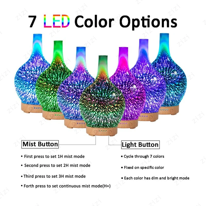 Creative Fine Mouth Vase Shaped 3D Glass Aromatherapy Machine Colorful Lighting Humidification Aromatherapy Machine