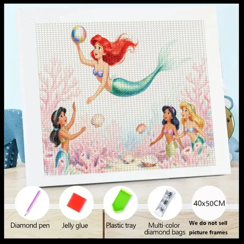1PC Cute Cartoon Ariel & Mermaid Princesses 5D Full Drill Diamond Painting Kit, DIY Underwater World Gem Art Big Crystal Rhinest