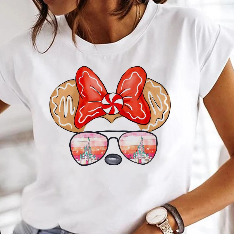 

MINISO Disney Lilo Stitch Cartoon T-shirts Fashion Women T Shirt Streetwear Female T-shirts Casual O-neck Mickey and Minnie Tops