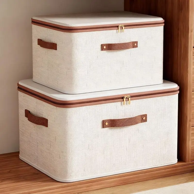 Cotton Linen Foldable Clothes Storage Box With Zipper Lid Portable Space Saving Durable Wardrobe Organizer For Home Closet Use