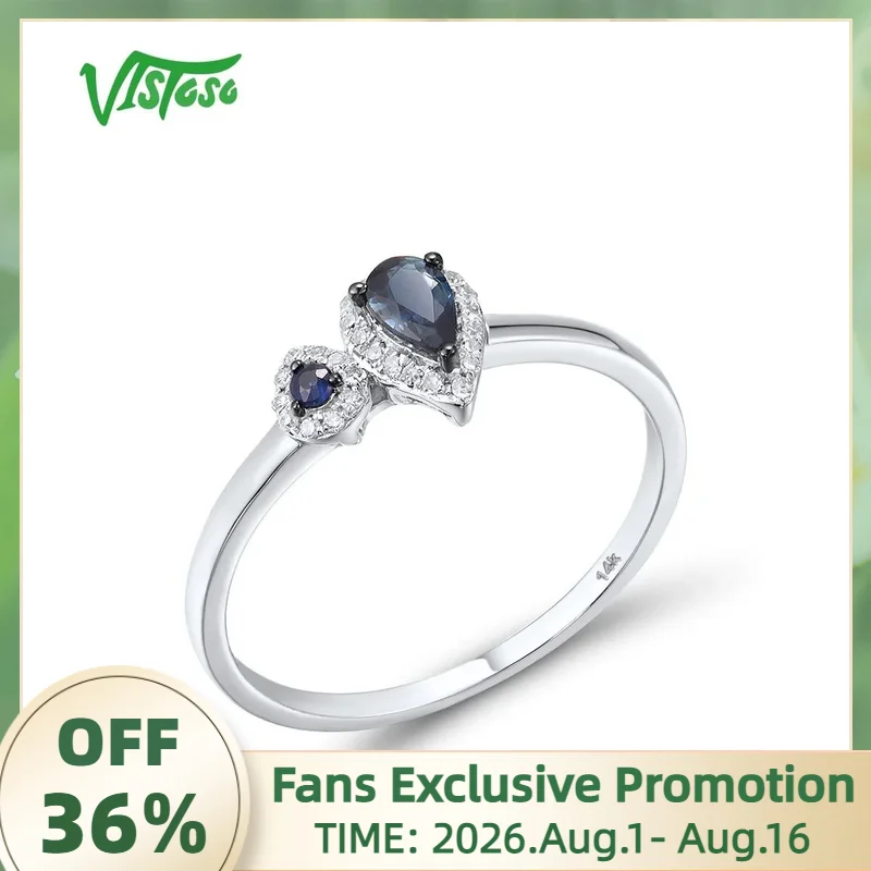 VISTOSO Genuine 14K 585 White Gold Rings For Women Sparkling Blue Sapphire Diamond Rings Simple Style Dainty Trendy Fine Jewelry