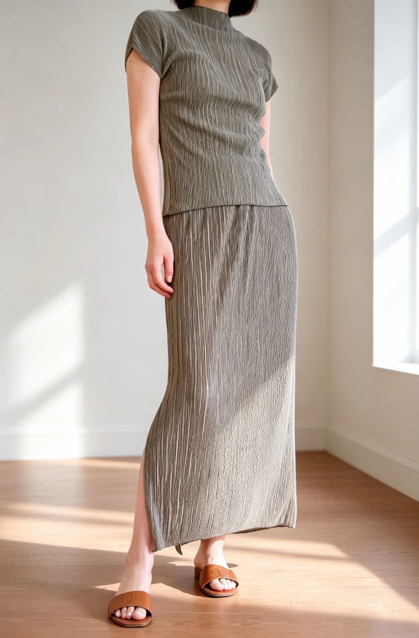 ALSEY Miyake Pleated Women 2 Piece Set Mock Neck Cap Sleeve Top Side Slit Long Skirt Wrinkle Texture Elegant Casual Office