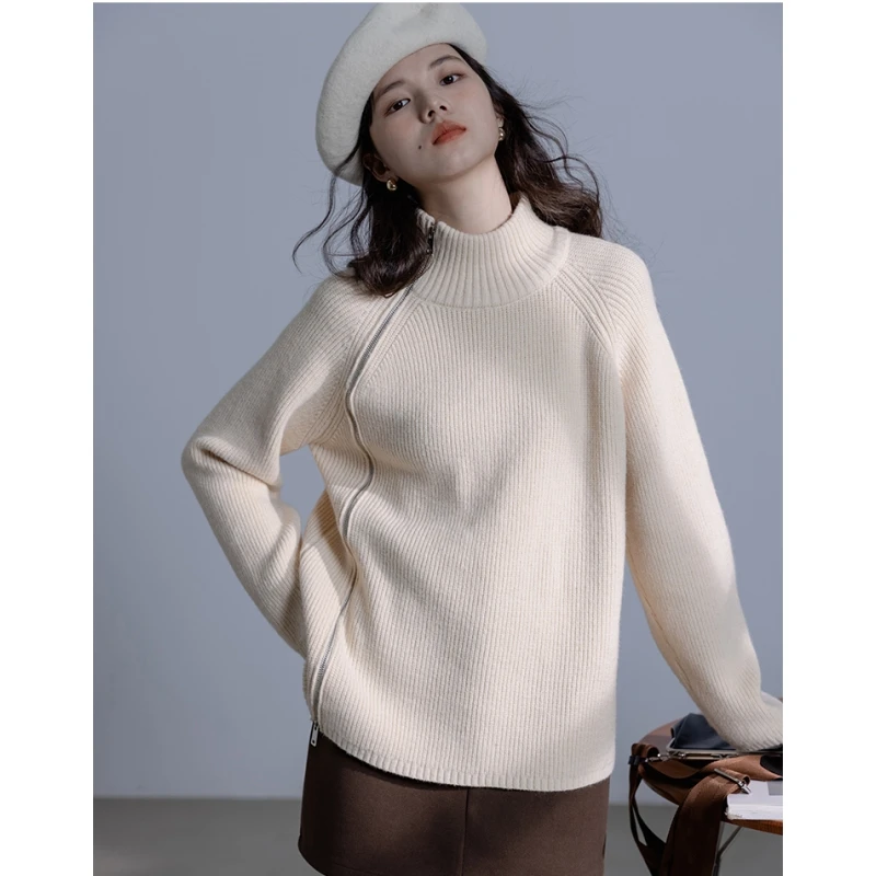 Women's Clothes Beige Sweater Zipper Fashion Vintage Lazy Wind Winter Female Knitting Long Sleeves High Collar Pullover Tops