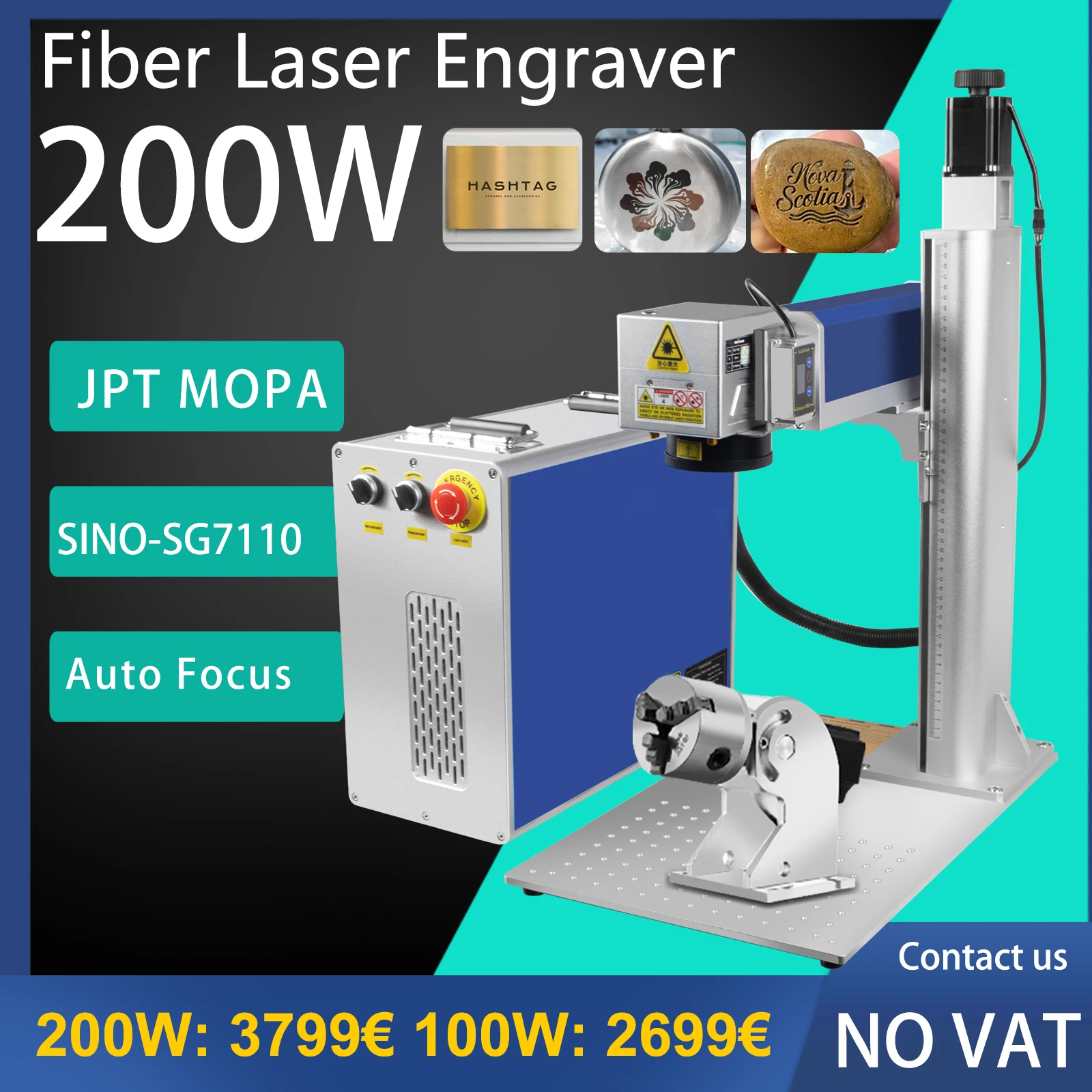 Incisore Laser a Fibra MOPA JPT 200W con Autofocus, Macchina per Marcatura Laser MOPA 100W 200W, Laser JPT M7 MOPA 60W per Incisione e Taglio su Metallo, Oro, Argento con Asse Rotante e Lente