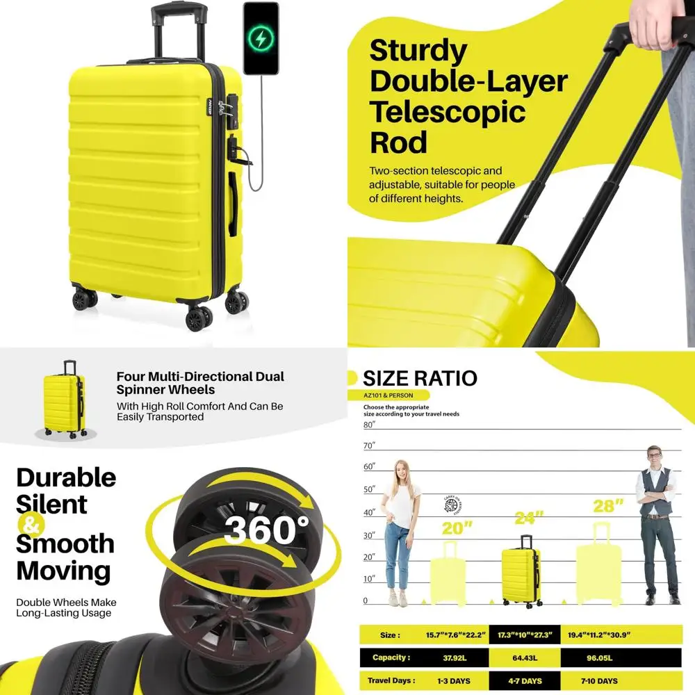 

Lightweight ABS Hardside Luggage with USB, TSA Lock, Wheels, Medium Size 24 Inch Yellow for Travel