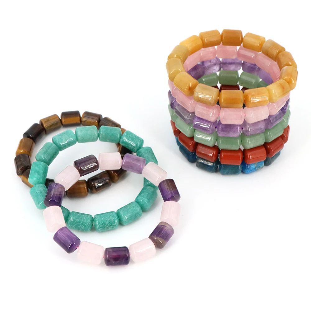 Natural Stone Column Barre Beads Bracelet Amethyst Tiger Eye Crystal Quartz Gem Beads Bangles Women Reiki Healling Jewelry Gift