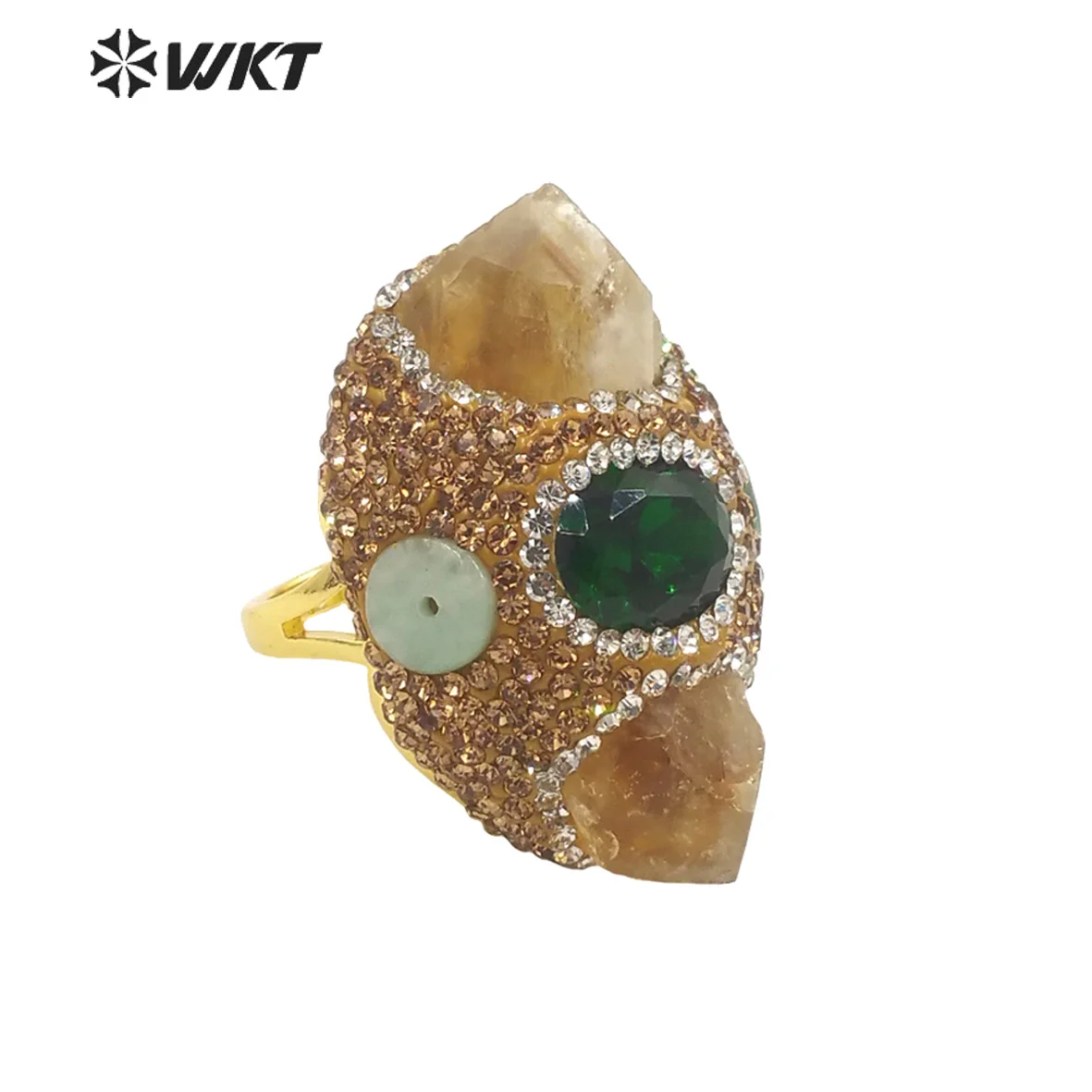 WT-R436 Wholesale Fashion Gold Natural Stone Cigar Ring Handmade Rhinestone Pave Yellow Citrine Lucky Energy Jade Decorative