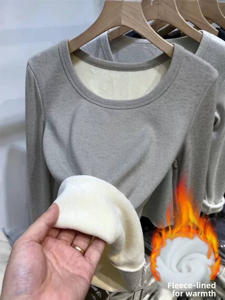 Women's Winter Warm Fleece Lined Thick Long Sleeve round Neck Thermal Underwear Top Slim Fit Versatile Base Layer Shirt