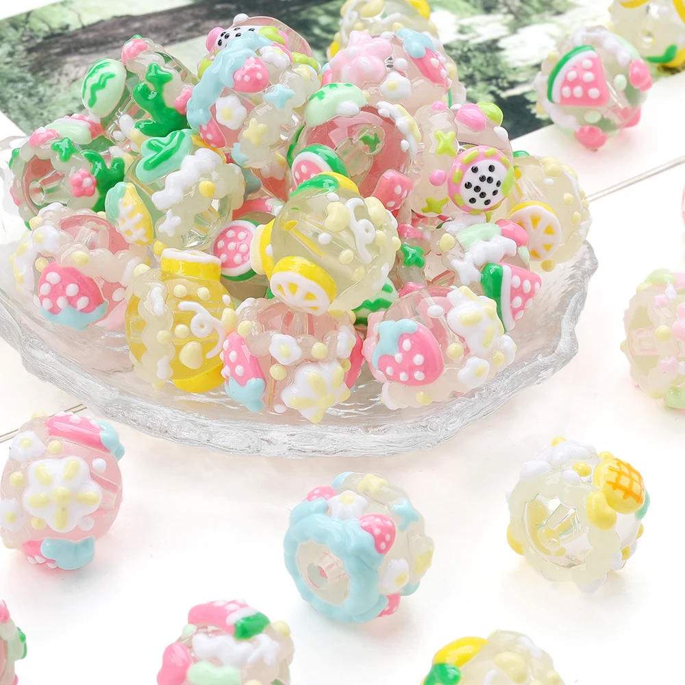 10Pcs Luminous Hand drawn Fruit Printed Resin Focus Beads For DIY Jewelry Making Necklace Bracelet Keychain Craft Accessories