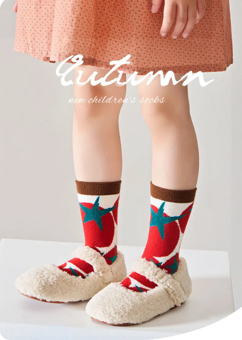 5 Pairs Girls Crew Socks Floral Pattern Children's Socks Autumn Cotton Socks