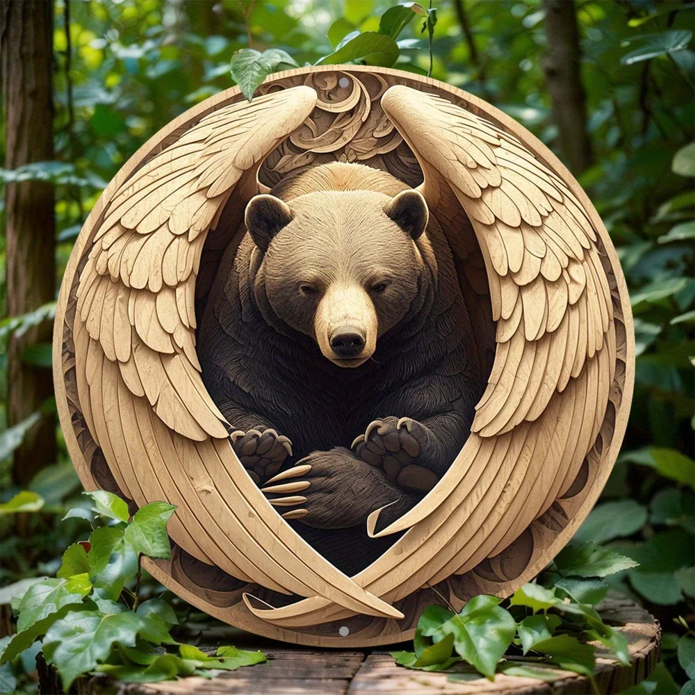 

American Black Bear Round Aluminum Sign,Rustic 2D Flat Wreath Wall Decor, Waterproof Metal Decor Sign for Home, Holiday Gift