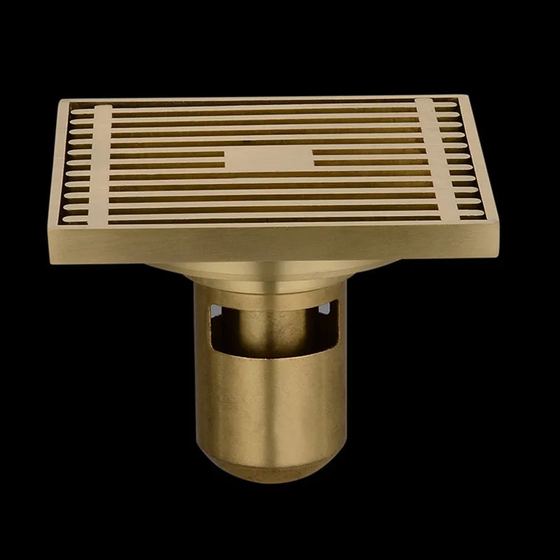 Brass Golden Floor Drain 10X10cm Shower Square Deodorization Type Bathroom/Kitchen Washing Machine Dual Use Floor Drain