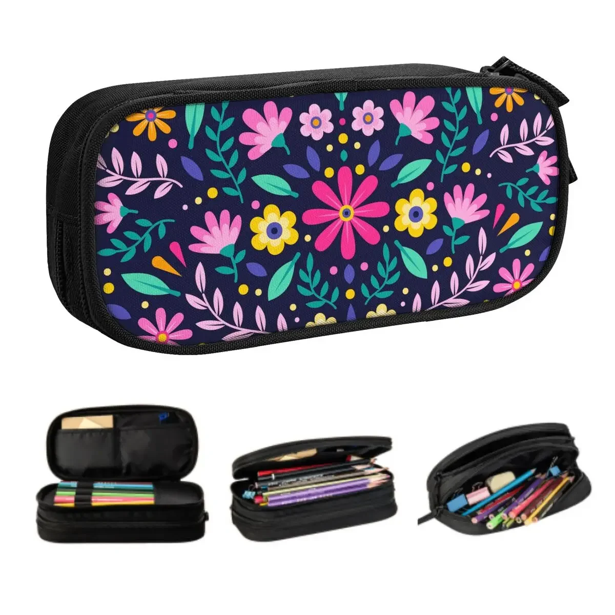 Custom Colourful Floral Mexican Flowers Pencil Cases for Girl Boy Big Capacity Pen Bag Box Stationery