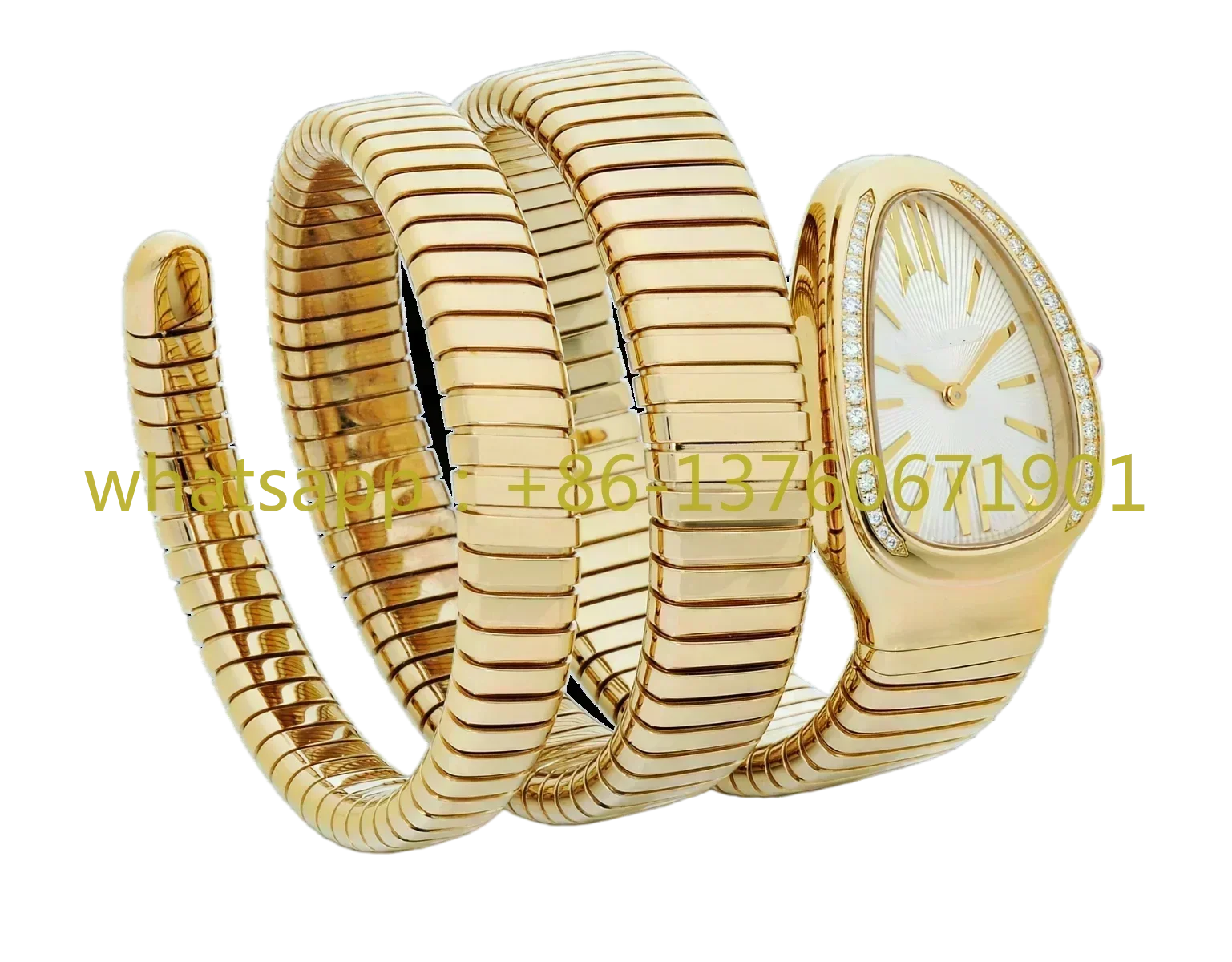 Reloj de pulsera largo de oro amarillo con serpiente para mujer, pulsera de alta calidad con bisel de diamante, cuarzo blanco romano, acero inoxidable, zafiro