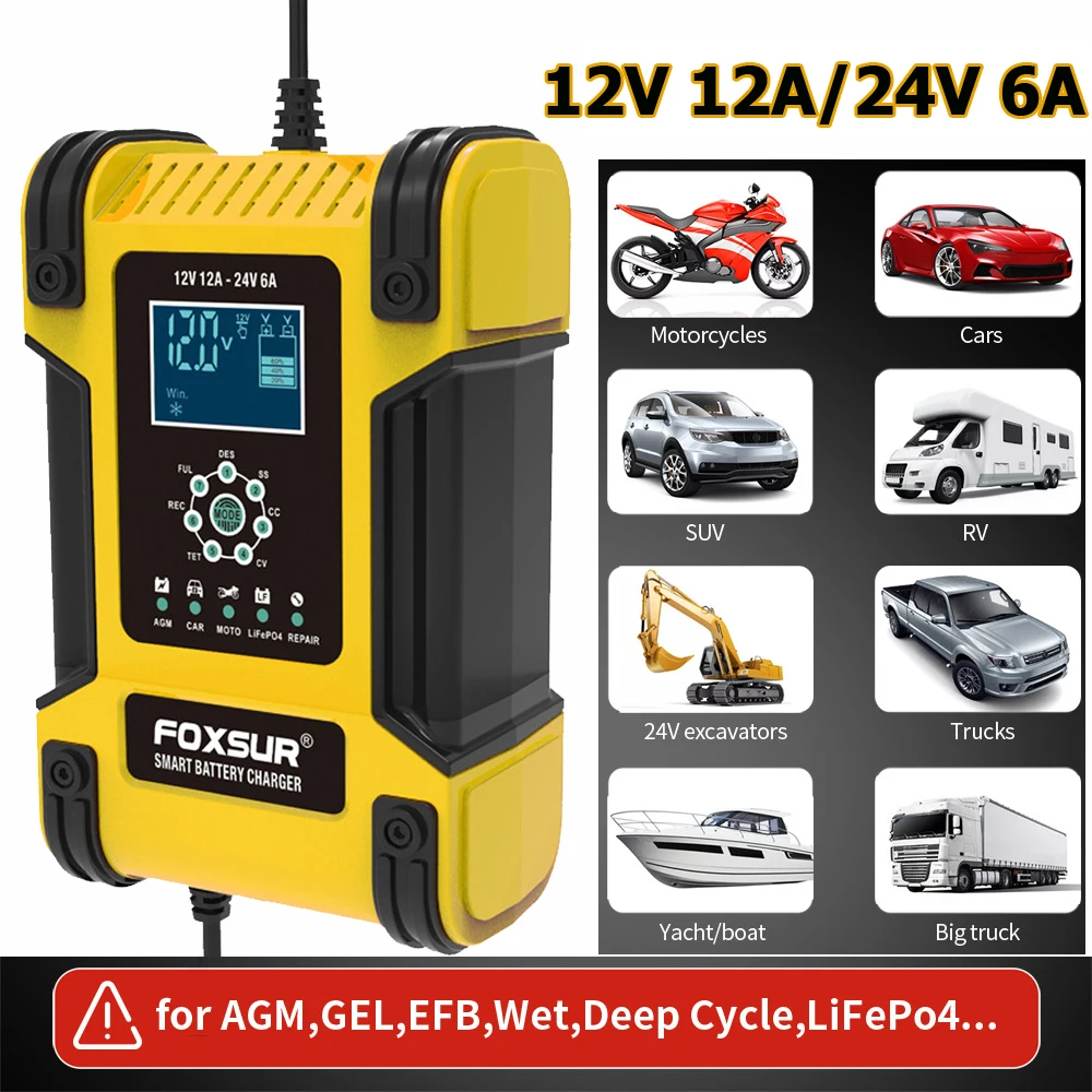 12A Car Battery Pulse Repair Charger For Truck Motorcycle Chargers 12V/24V For Calcium/Gel/AGM/LiFePo4/Wet/lead Acid Batteries