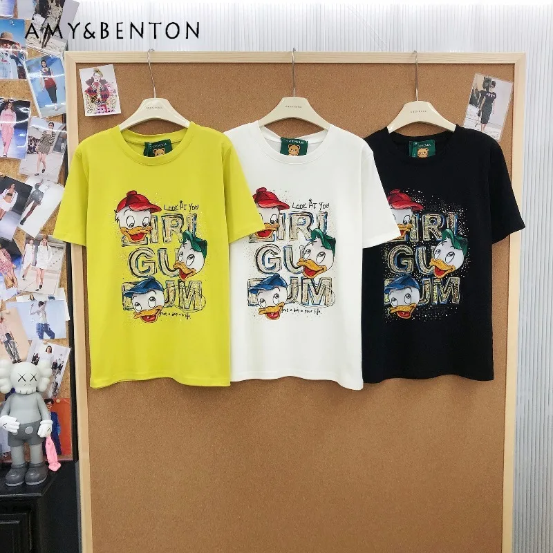 

Sweet Design High Street Casual Rhinestone Cartoon Print Multi-color T-shirt Fashion Versatile Short Sleeved Tshirts Pullover