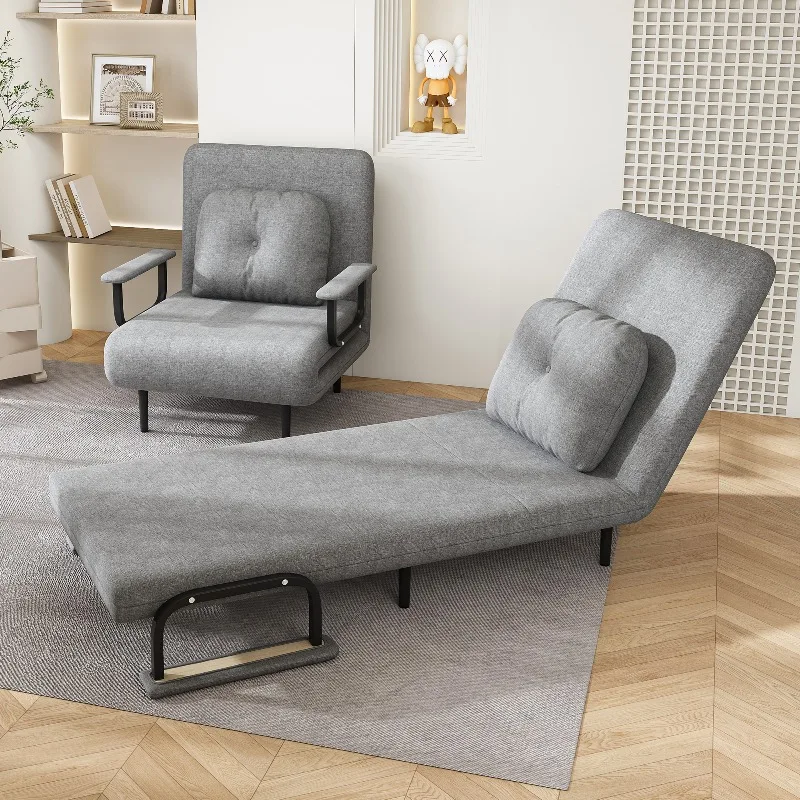 Space Saving 5-in-1 Convertible Folding Sofa Bed 5 Position Adjustable Backrest with Pillow Grey for Living Room Bedroom Office