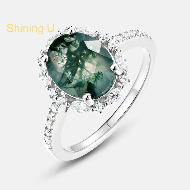 Shining U 925 Sterling Silver 8*10mm Oval Green Stone Ring for Women Fine Jewelry Summer