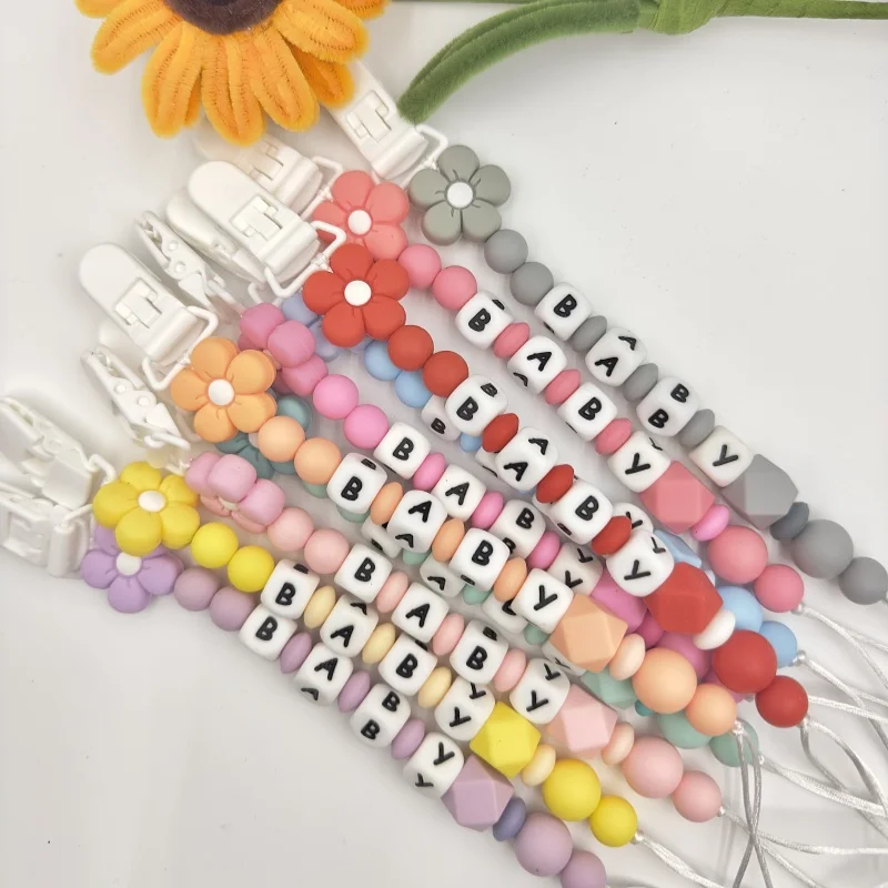 

New Baby Custom Personalized Name Pacifier Clips Silicone Flower Dummy Nipple Holder Chain Infant Feeding Teether Toy Chew Gifts