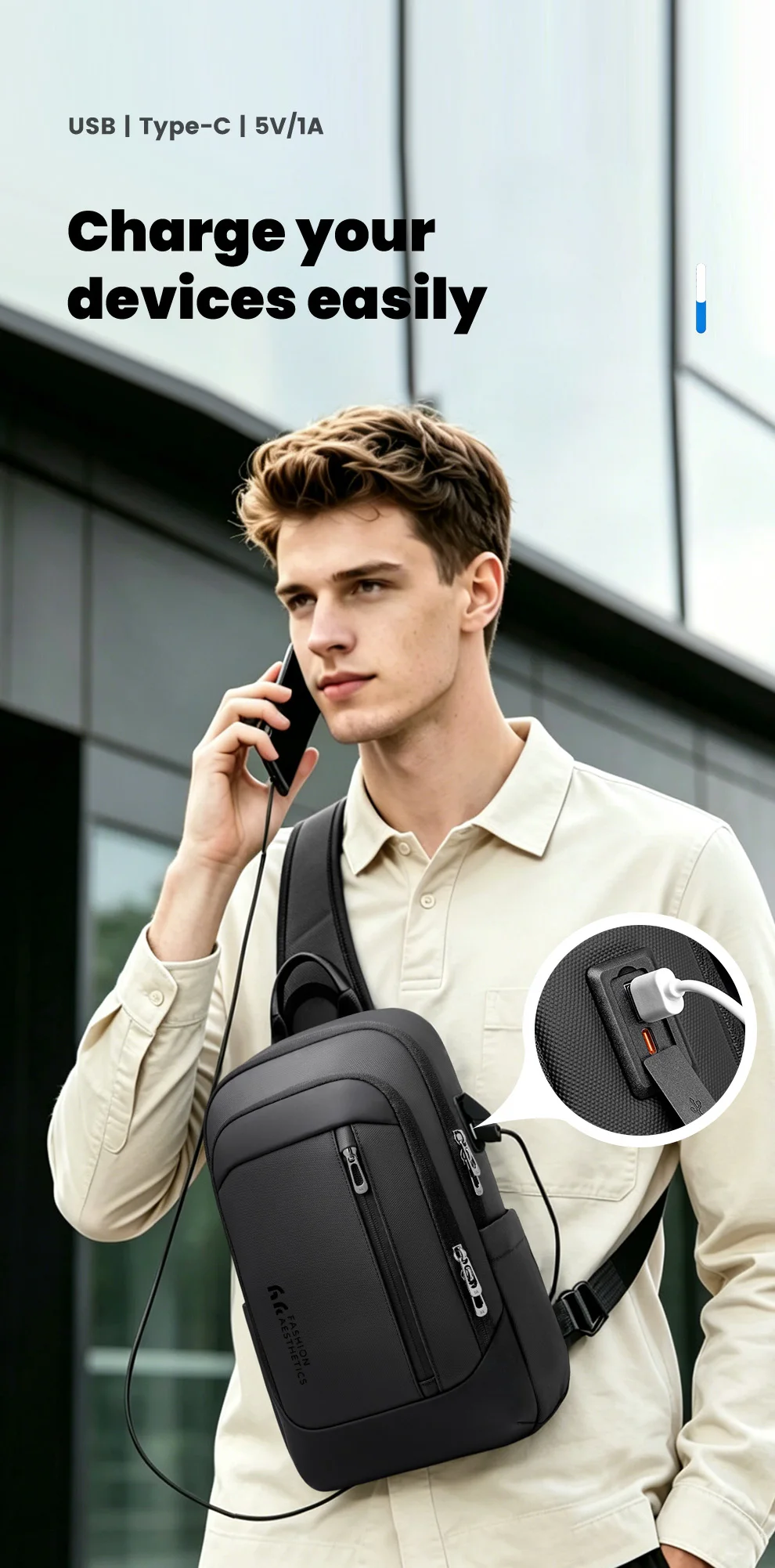 Heroic Knight Multifunction Male Chest Bag With USB Lightweight Leisure Shoulder Bag Business Anti-theft Weekend Commute Daypack