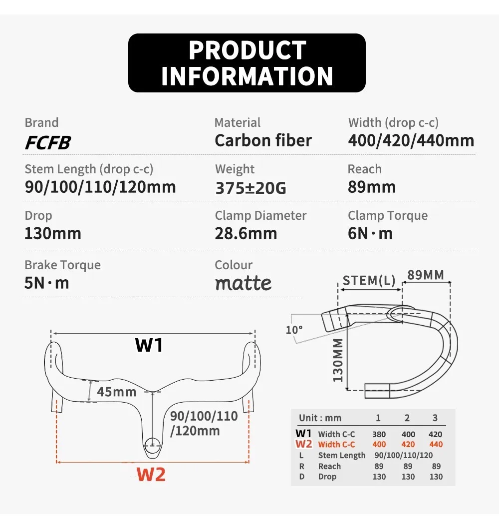 FCFB  Bicycle Handlebar Road Carbon Handlebar 28.6mm Bicycle Handlebar With Stem 400/420/440mm 3K Matt Black Inner wiring bar