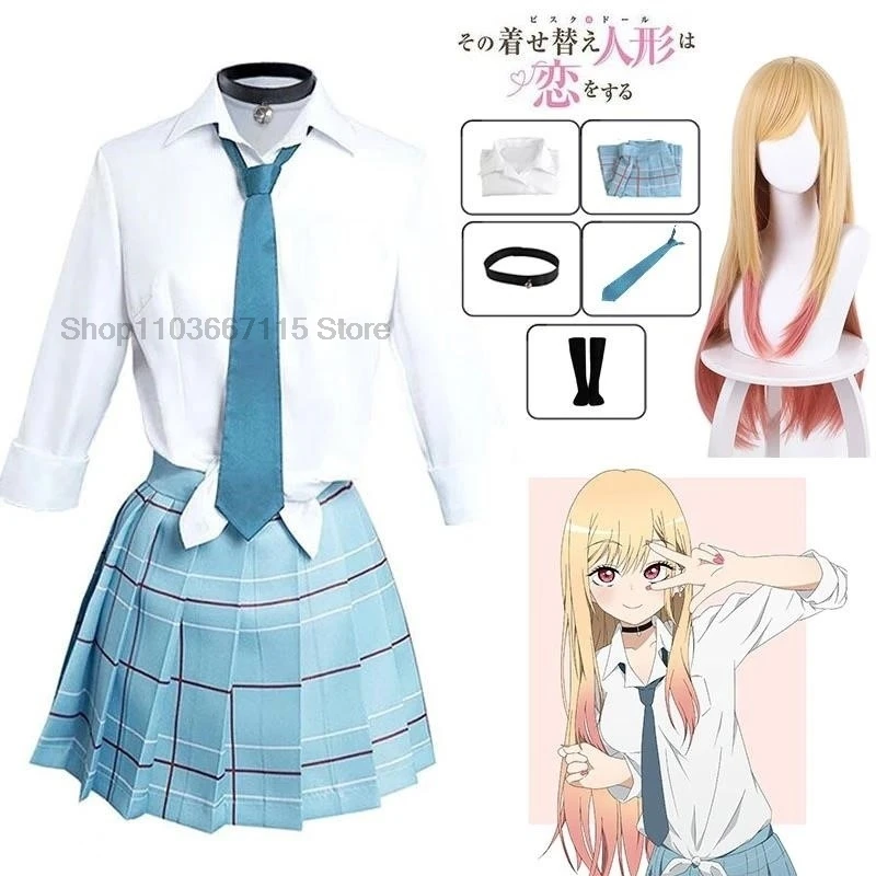 My fur s Up Darling Kitagawa Marin Cosplay Costume pour filles, robes d'anime, uniforme scolaire, perruque, boucles d'oreilles trempées