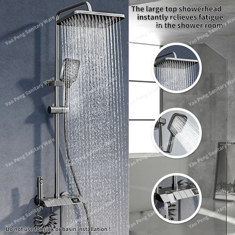 Gunmetal grey shower head set with digital displayconstant temperature shower for home bathroomrain shower and pressure increase
