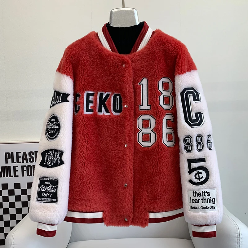 Abrigo cálido de béisbol para mujer, chaqueta bordada con letras, lana de oveja, JT3273