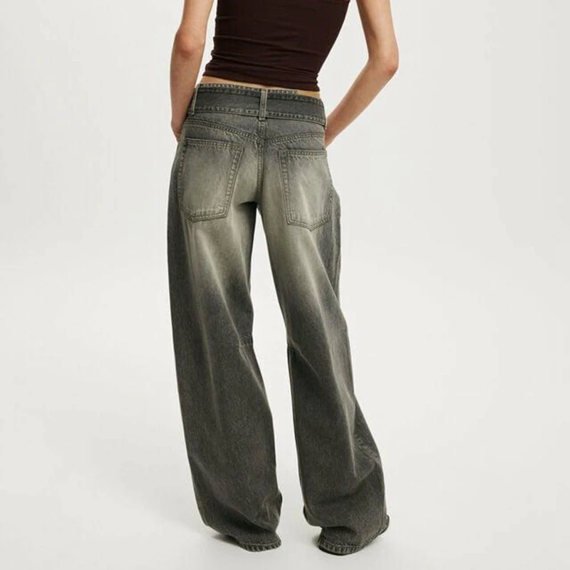 Damskie jeansy typu barrel z paskiem w stylu Y2K vintage, modne, codzienne, z gradientem kolorów, z niskim stanem, luźne, długie spodnie dżinsowe z kieszeniami.