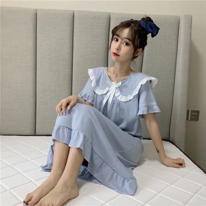 Peter Pan Collar Sleepwear Woman Short Sleeves Nightgown Korean Night Dress Summer One Piece Pajamas Dress Bow Night Wears 2024