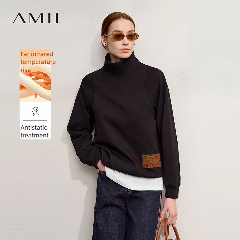 Amii Turtleneck Woman Sweatshirts 2026 Winter New Casual Versatile Loose Long Sleeve Tops Elastic Embroidery Sweater 12514013