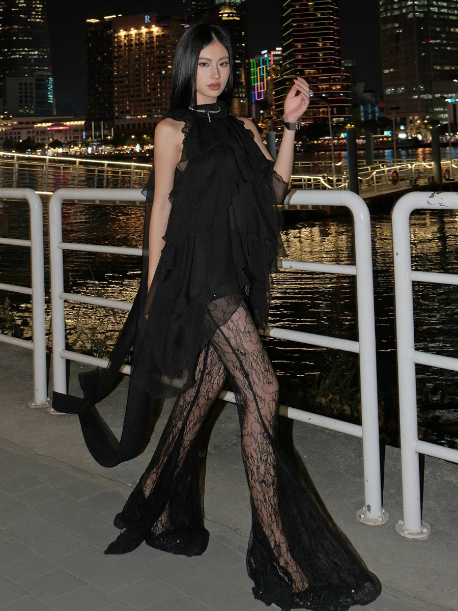 Conjunto de calças compridas femininas, rede sexy selvagem, translúcido, micro exposição, roupa de verão para jovens adultos