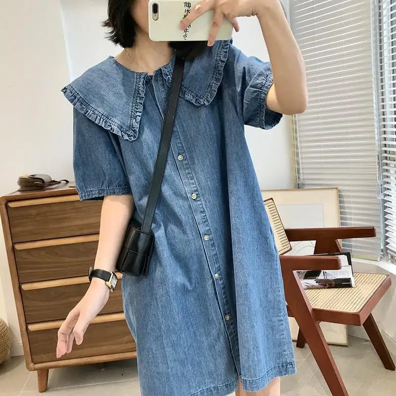 

Korean Style Summer Doll Collar Denim Dress Short Sleeves Loose Cute Midi Dress