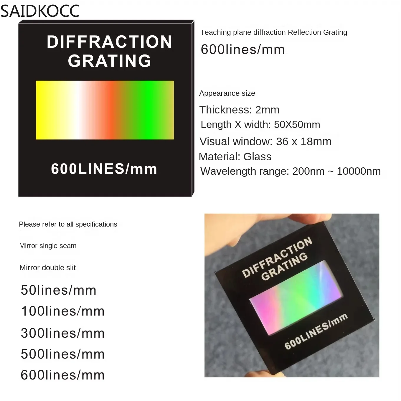 SAIDKOCC 50x50mm Glass Holographic Trasmission Diffraction Grating University Spectral Decomposition Wavelength 50-500 Lines