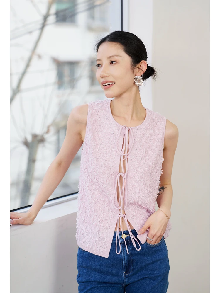 

JessXu Soft Mist Goddess Silk Wool Vacation Commute Micro Backless Pink Hook Flower Vest Fashionable Women's Outerwear