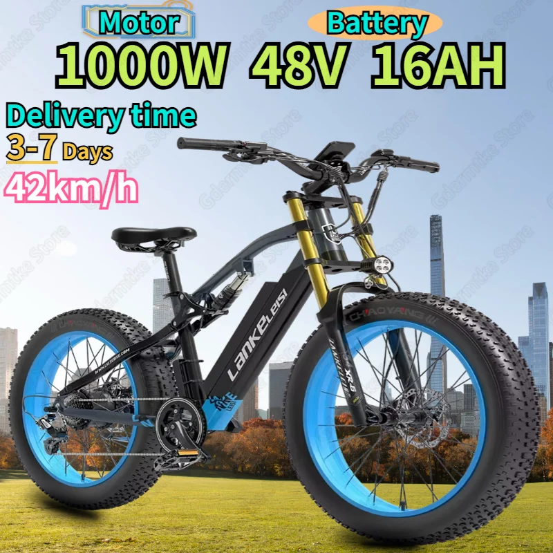 EBike 1000W Powerful Motor 48V16AH 26 Inch Fat Tire Electric Bike Dual Suspension Hydraulic Brake Mountain Snow Electric Bicycle