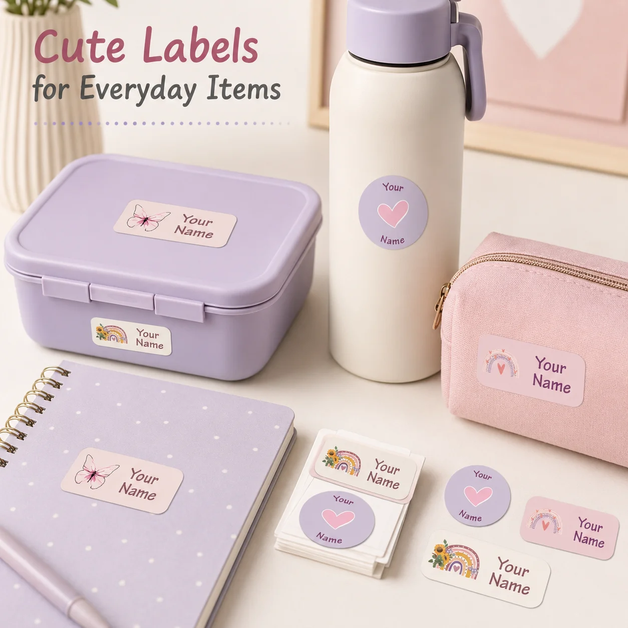 140PCS Adesivos Personalizados com Nome, Etiquetas Autoadesivas Personalizadas, 4 Designs Fofos para Garrafas e Caixas de Armazenamento de Material Escolar
