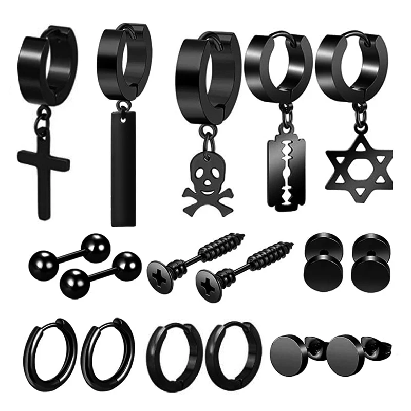 6-20pcs/set  Black Punk Stainless Steel Women Men Hoop Earrings Small Trendy Round Cross Pendants Jewelry  Hip Hop Ear Stud