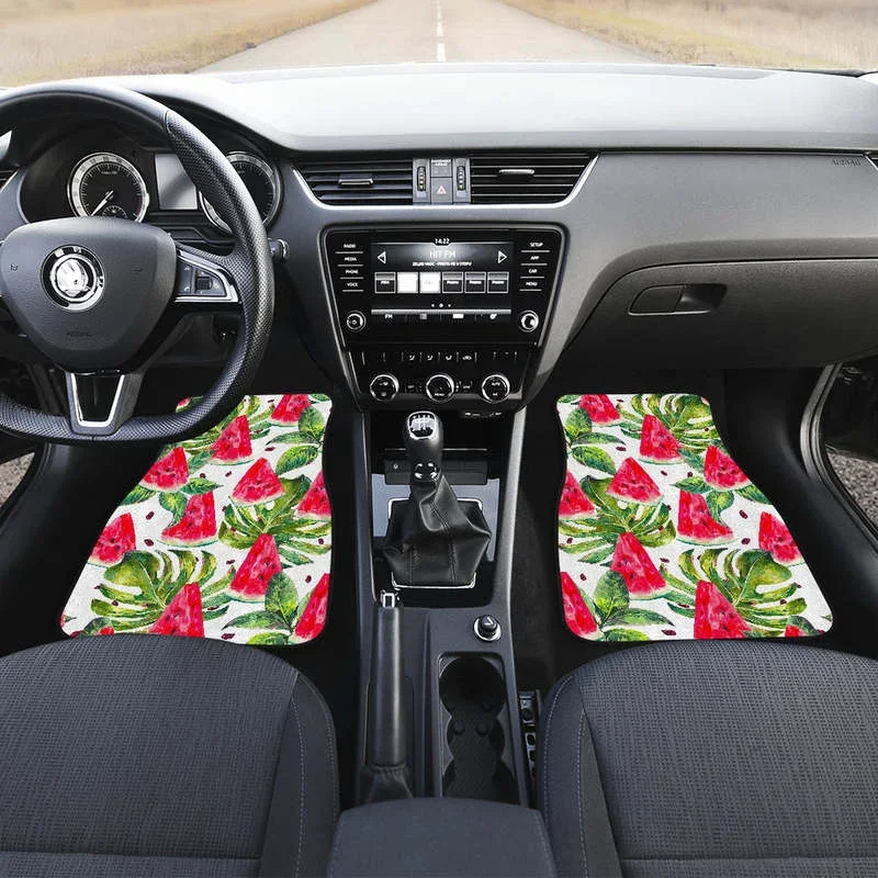 White Tropical Watermelon Pattern Print Front and Back Car Floor Mats    Heavy Carpet Front and Rear Full Set 4PCs Pack