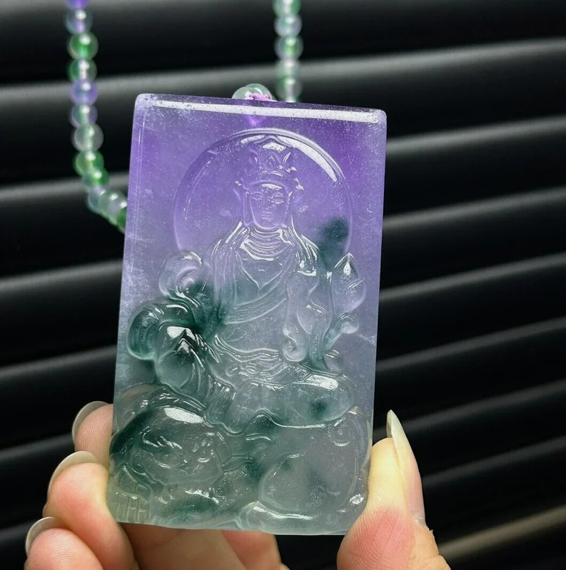 Certified Nature Ice Lavender&Green Jade Jadeite Carved Guanyin Pendant&Necklace