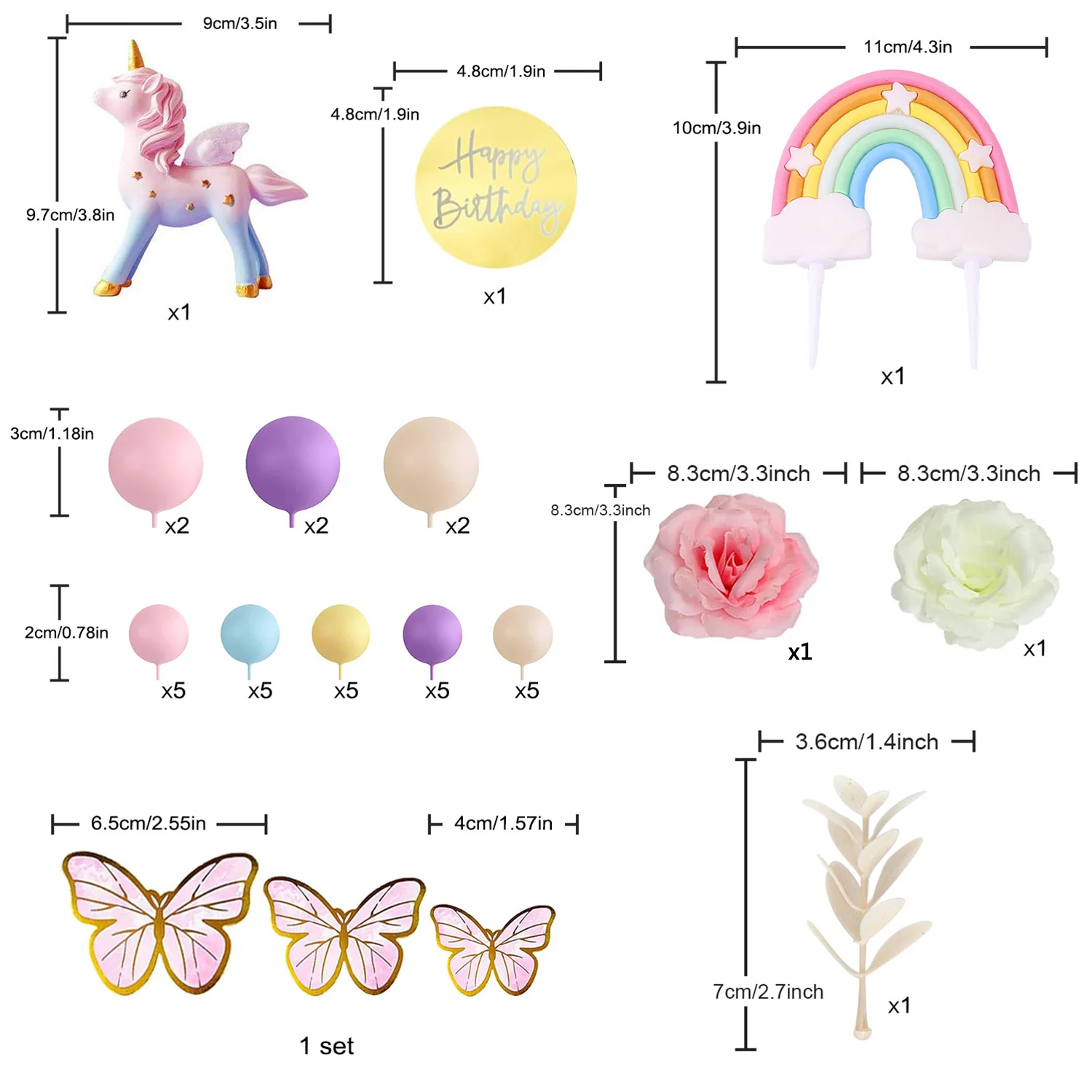 47 Uds. Adorno para tarta de unicornio, decoraciones para tarta de arcoíris con mariposas, bolas de unicornio, decoración para tarta de cumpleaños para niños y niñas