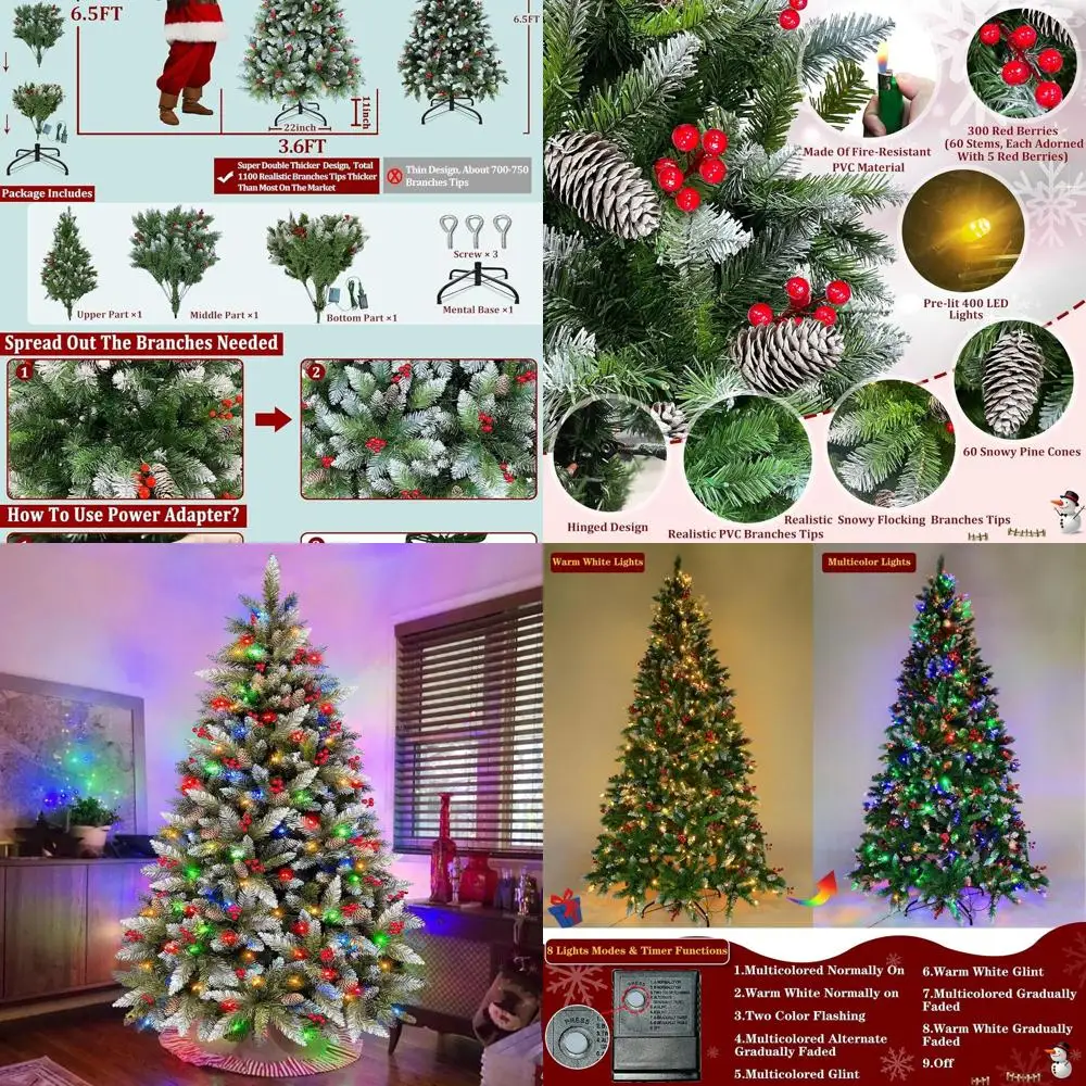 

7 футов предварительно освещенная снежная искусственная рождественская елка с 400 светодиодными лампами, меняющими цвет, 8 режимами, толстыми сосновыми шишками и ягодами для дома.