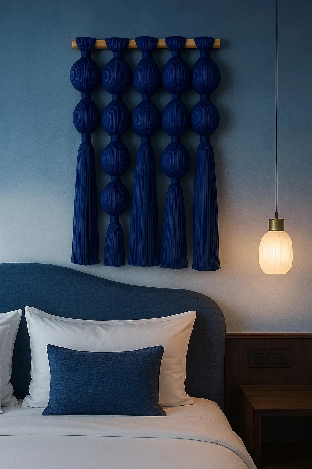 #￥Dark Blue Melancholy Bohemian Hand Woven Polyester Thread Hotel Room Bedroom Wall Hanging for Diwali Wedding Birthday Decor