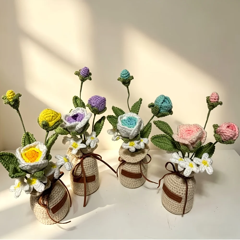 1 Stück Handgefertigte Wollene Gehäkelte Rosen-Ornamente (Mit Vase) Gehäkelte Rosen-Vasen-Ornamente Handgestrickte Vasen-Dekoration Schlafzimmer Niedlich