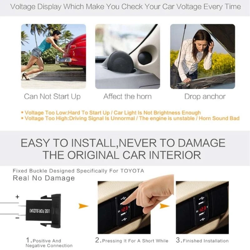 40×20mm 12V Dual USB Car LED Voltmeter Power Adapter Compatible For