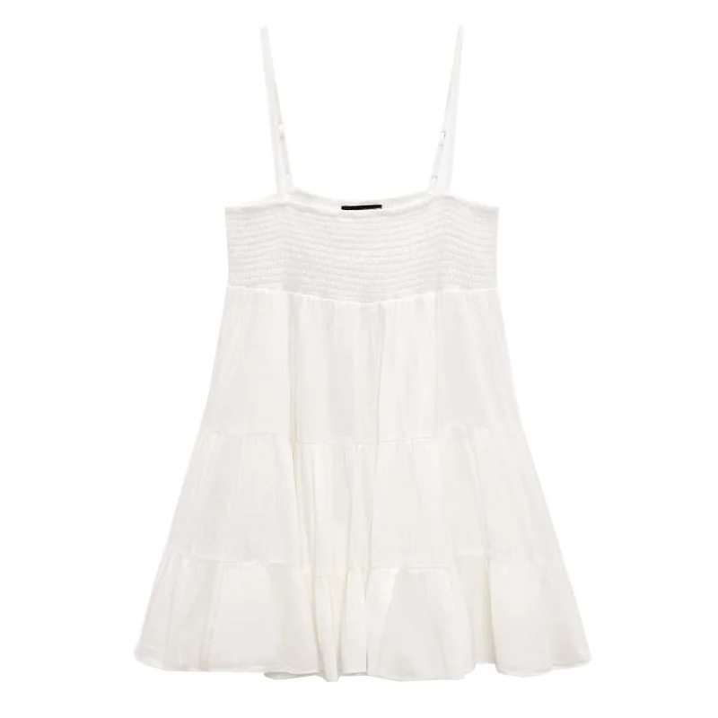 Vestido curto branco de primavera com novo design em camadas, decote ter, acabamento em renda, cintura alta e corte em A p...