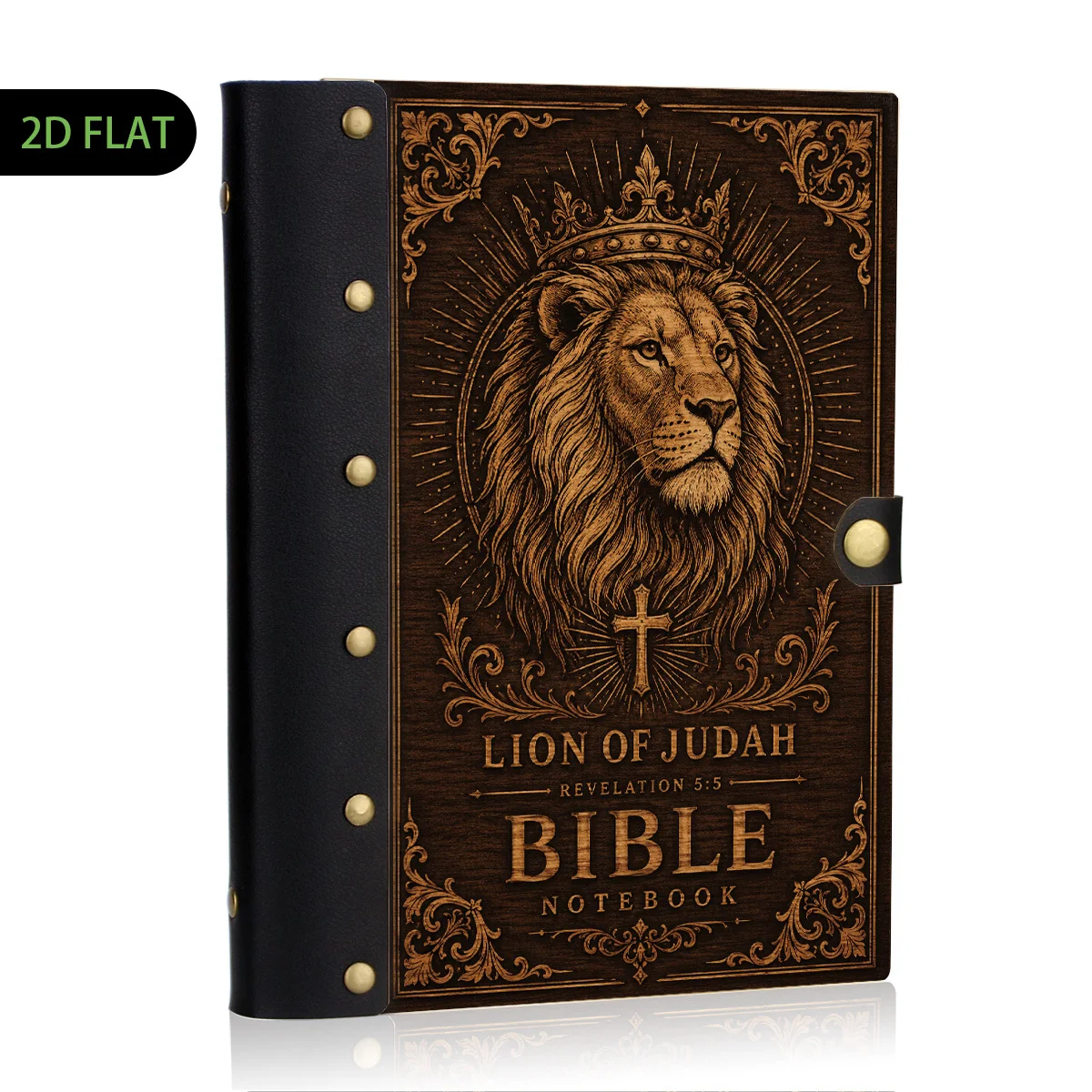 1pc 2D Flat Leather and Wooden Hardcover Notebook, Lion of Judah Themed Bible Journal, Christian Scripture Notebook with Cross P